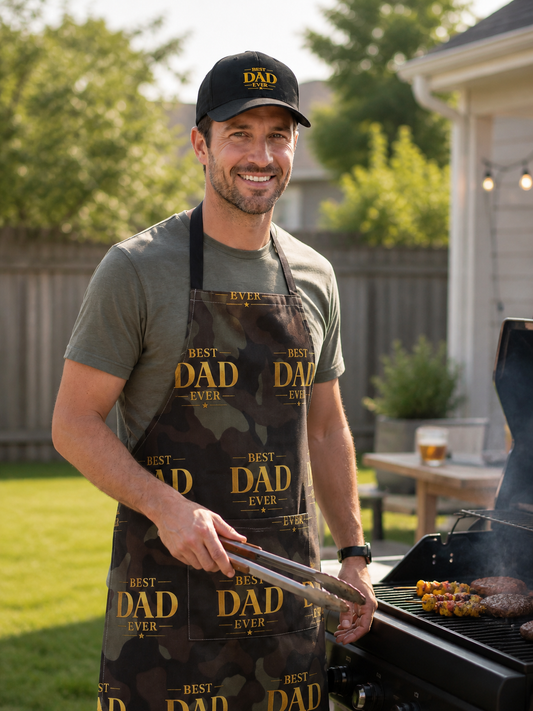 Best Dad Ever Hat & Apron Gift Set – Camo & Gold Grill Master Bundle