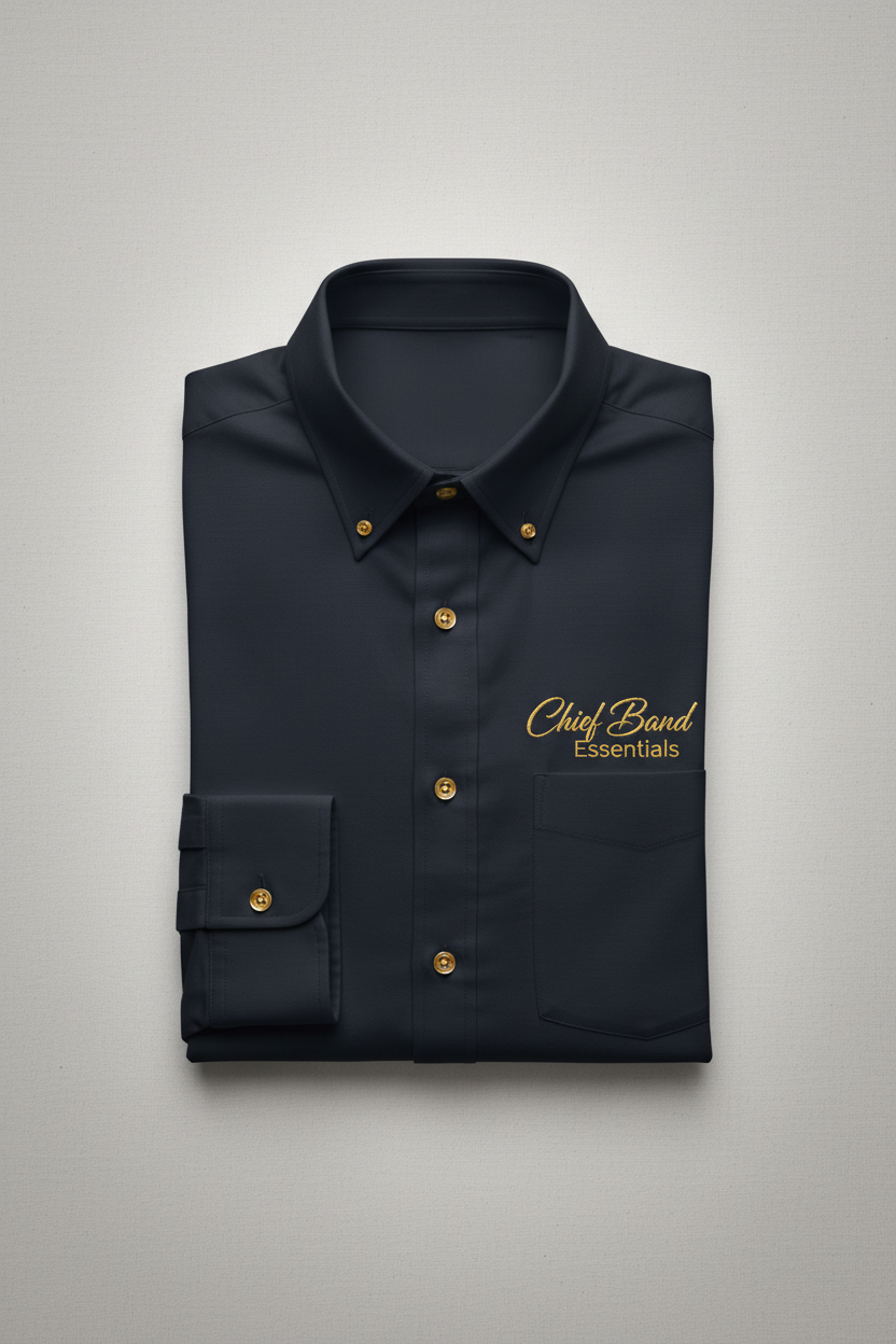 Chief Band Essentials button-down shirt with gold embroidered text