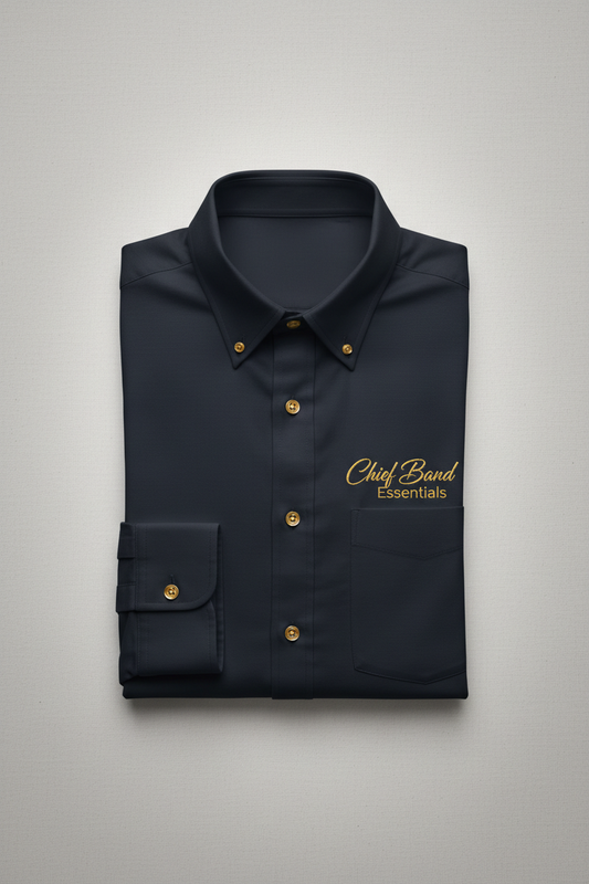 Chief Band Essentials button-down shirt with gold embroidered text