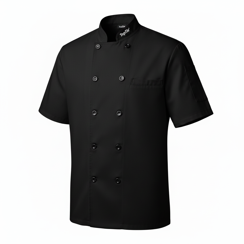 TopTie Unisex Short Sleeve Chef Coat in black with mandarin collar and button front