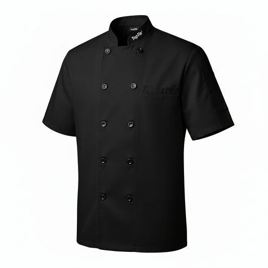 TopTie Unisex Short Sleeve Chef Coat in black with mandarin collar and button front