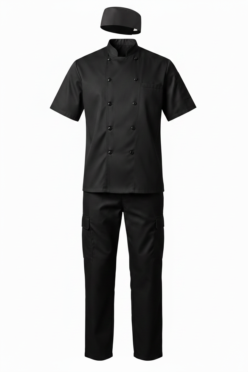 Professional chef uniform set featuring black short sleeve chef coat, black cargo pants, and black mesh chef skull cap