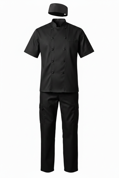 Professional chef uniform set featuring black short sleeve chef coat, black cargo pants, and black mesh chef skull cap