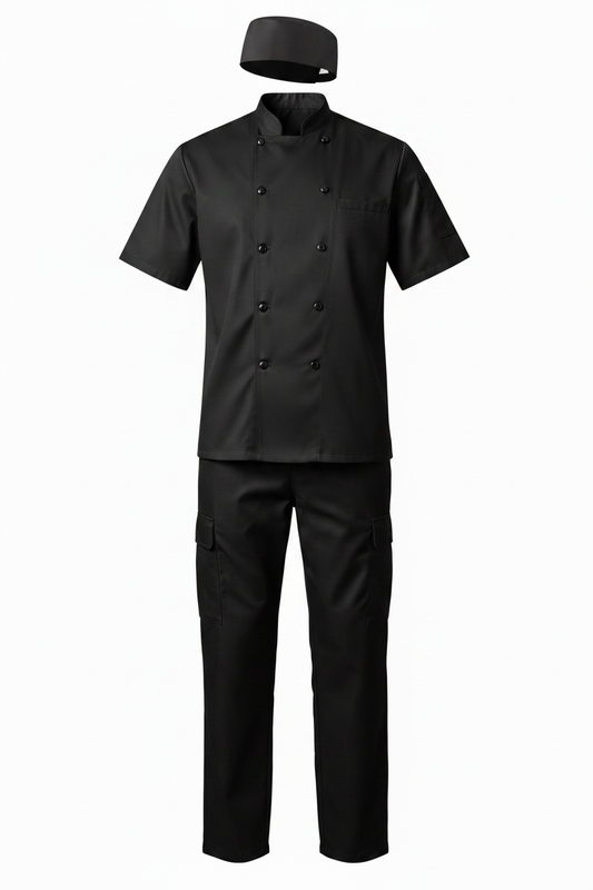 Professional chef uniform set featuring black short sleeve chef coat, black cargo pants, and black mesh chef skull cap