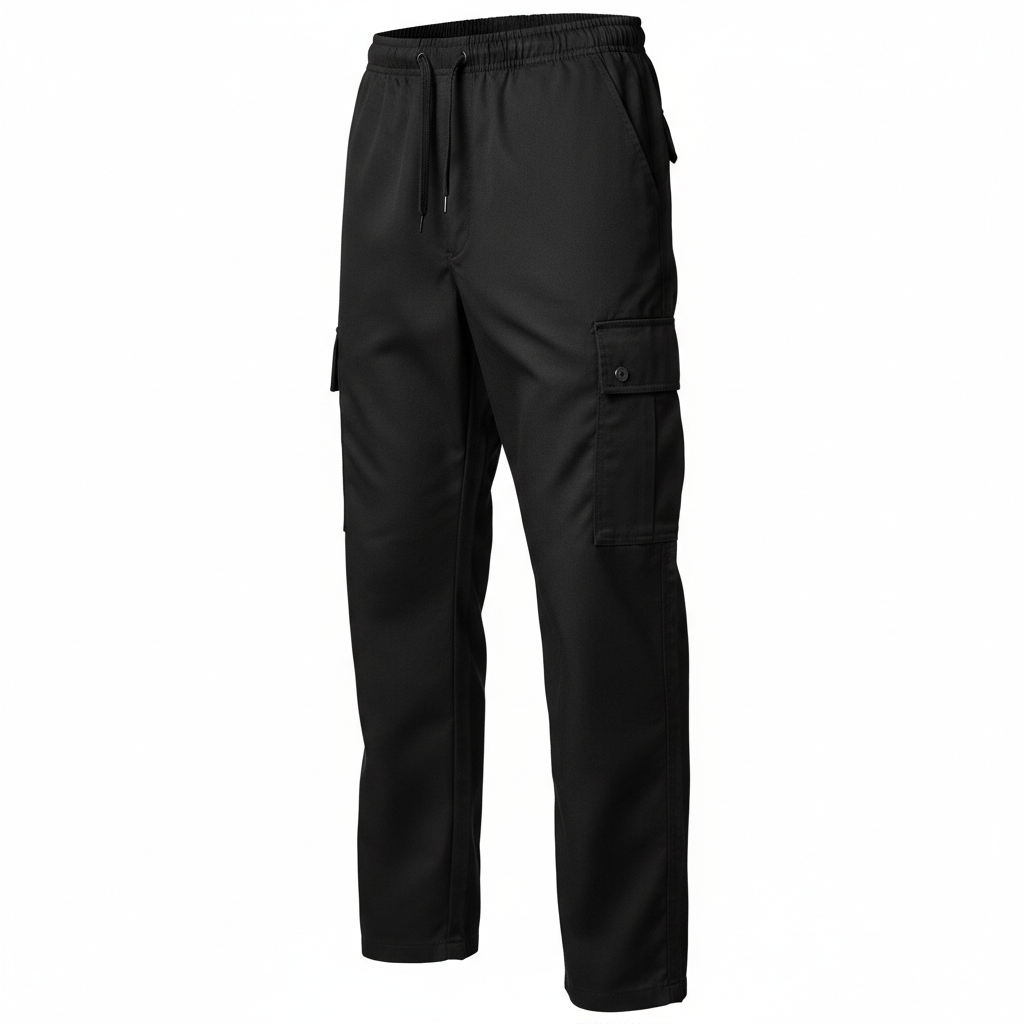 Black cargo chef pants with multiple pockets and drawstring waistband